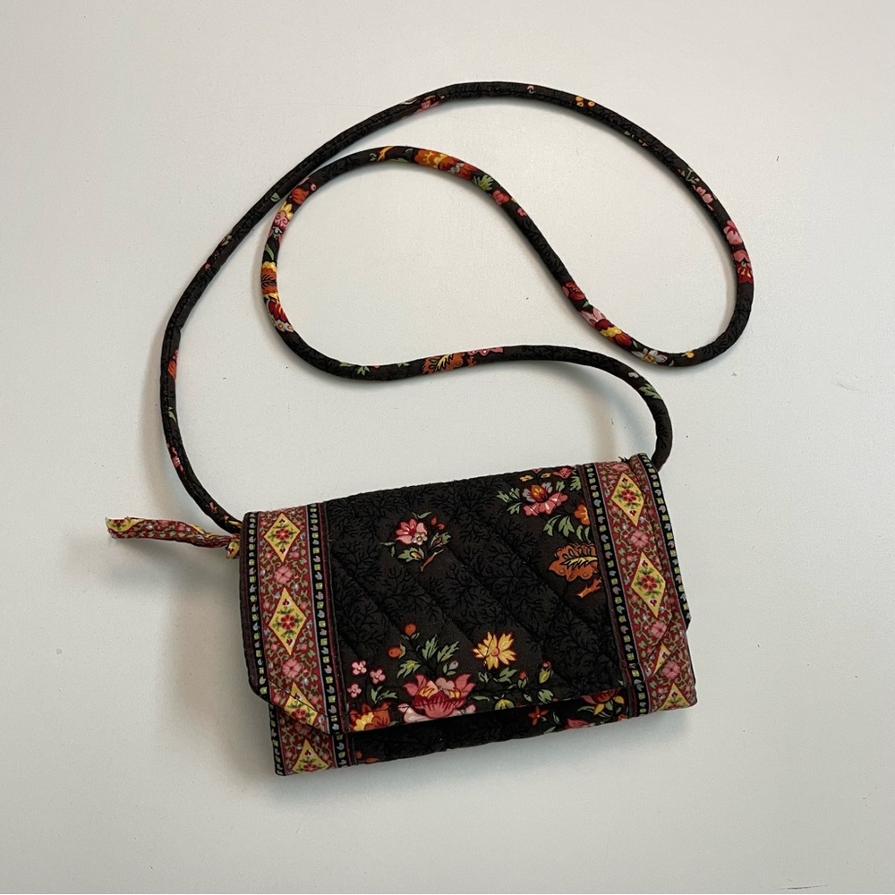 Vintage Vera Bradley Wallet Purse Crossbody Credit Card ID Pen Chocolate Floral